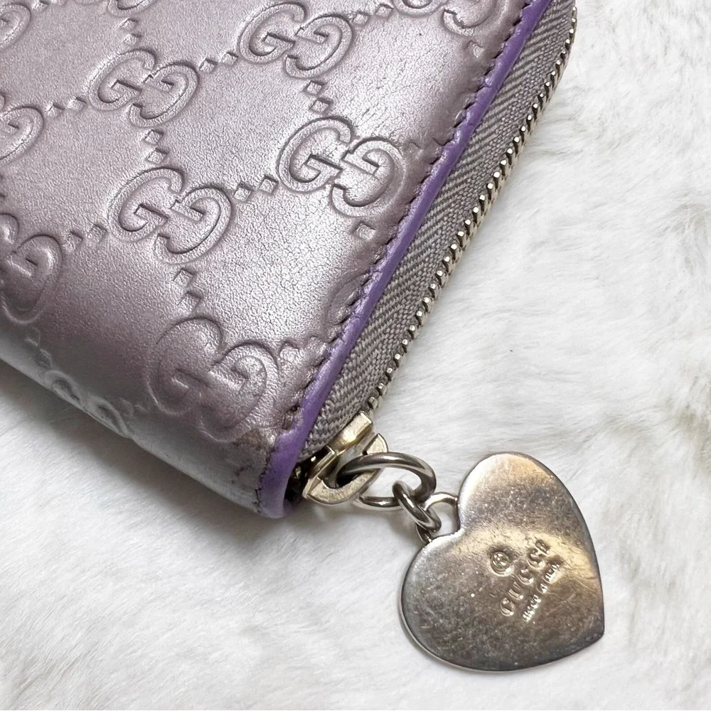 GUCCI GG Guccissima Heart Zip Around Long Wallet Metallic Lavender Authentic